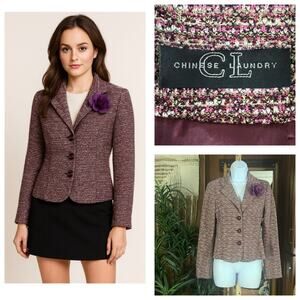 Vintage Y2K Chinese Laundry Boucle Blazer S Purple Sparkle Jacket w/ Flower Pin